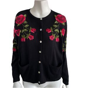 Vintage Cardigan Floral Roses Embroidery Sweater Black M/L Cottage Boho Festival